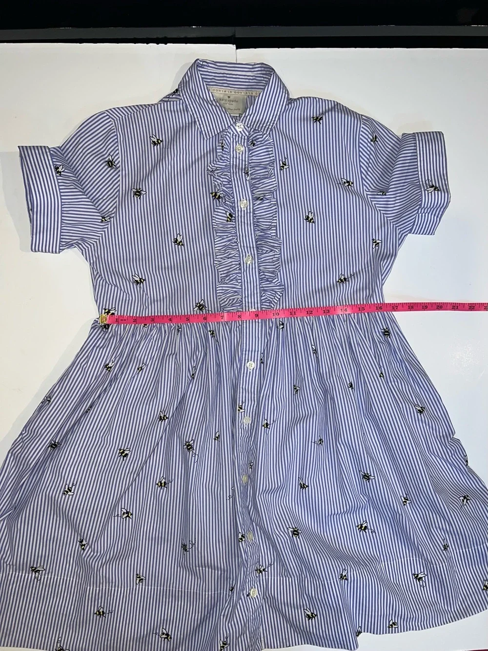 Kate Spade 100% cotton Striped Ruffle-Front Dress with pockets & Bee pattern XS